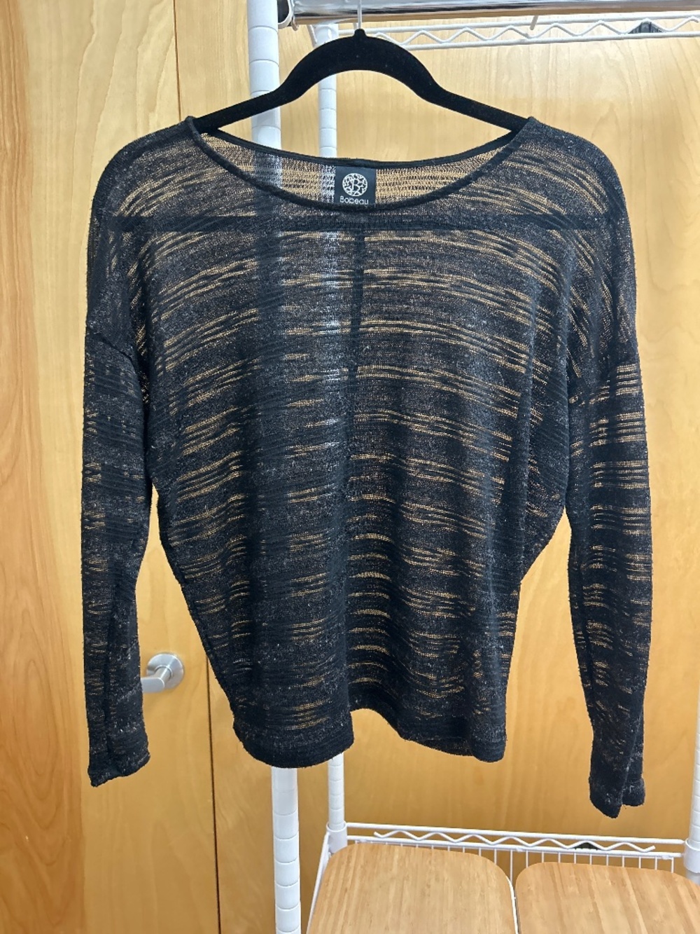 Bobeau lightweight open-weave black long-sleeve top XS